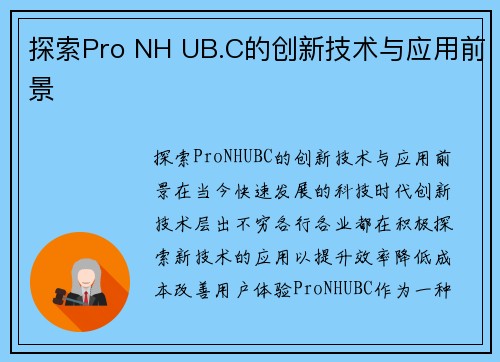 探索Pro NH UB.C的创新技术与应用前景